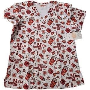 Fall/Thanksgiving /Autumn-themed Poly Performance 3-Pocket Scrub Top NWT LARGE